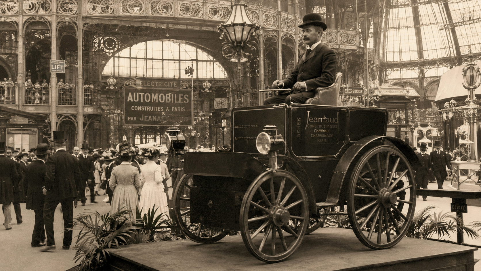 The 1900 Lohner-Porsche electric car displayed at the Paris World's Fair Palace of Electricity