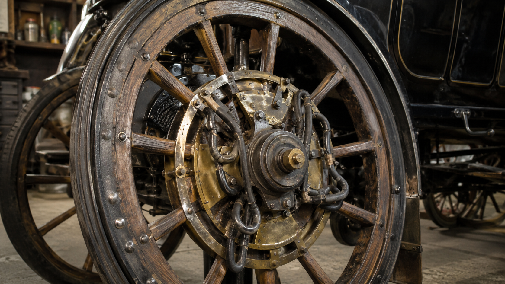 A close view of the wheel-hub electric motor built into the front wheel of the Lohner-Porsche electric car