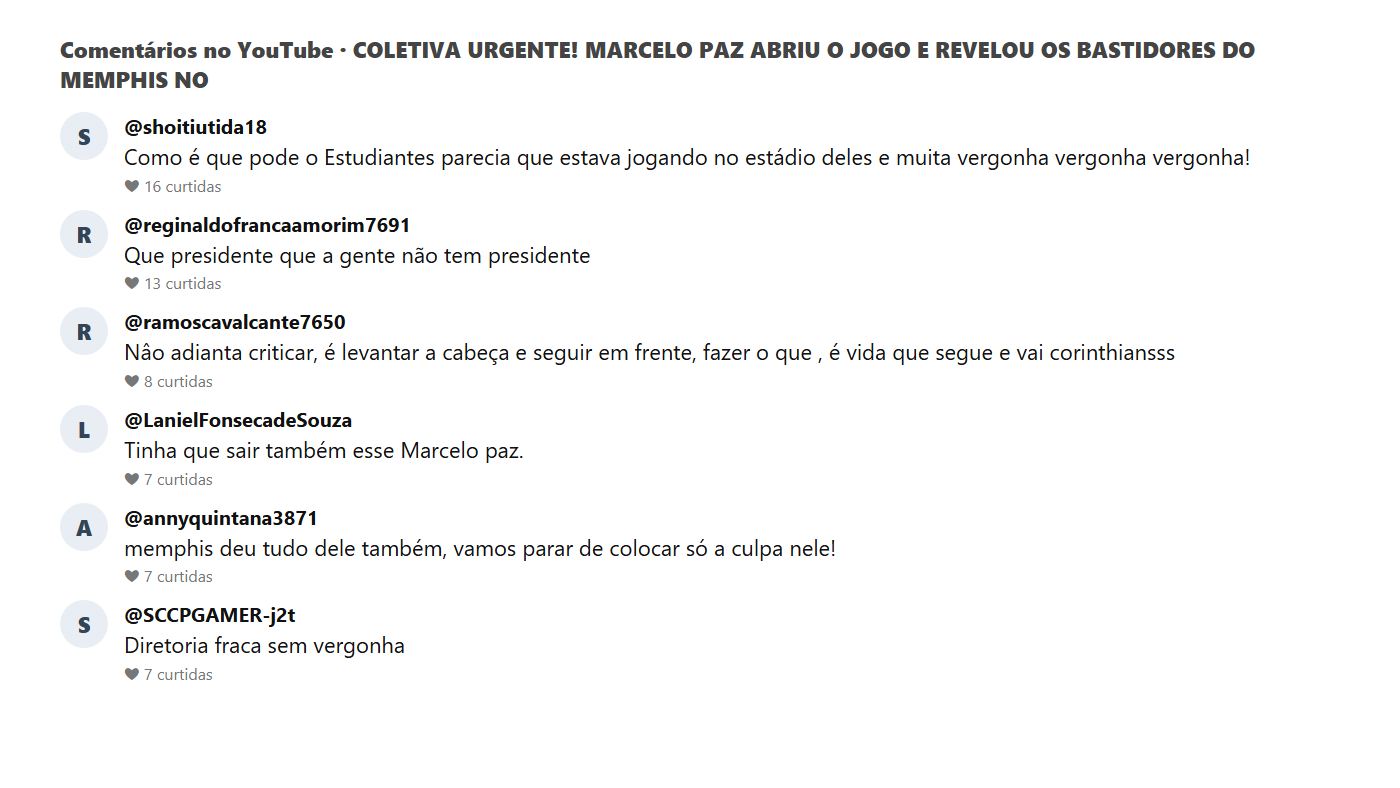 Comentários do público no vídeo da coletiva de Marcelo Paz sobre o Memphis