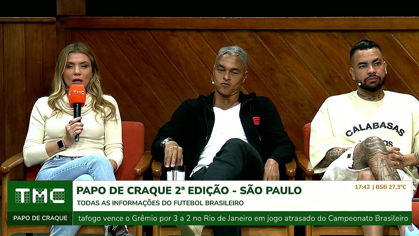 Marília Ruiz fala ao microfone da TMC ao lado de Benja no Papo de Craque, comentando a eliminação do Corinthians