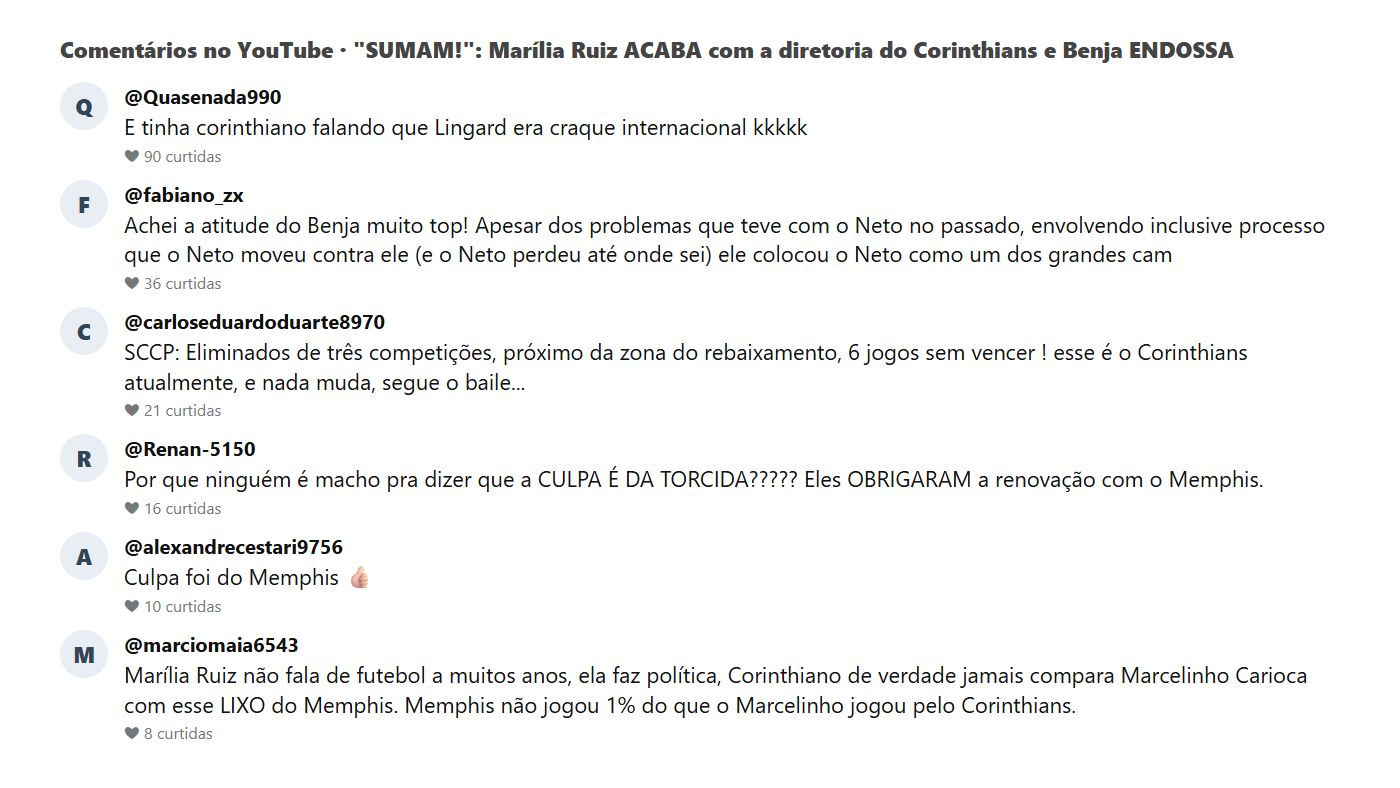 Print dos comentários do público no vídeo de Marília Ruiz e Benja falando sobre o Corinthians