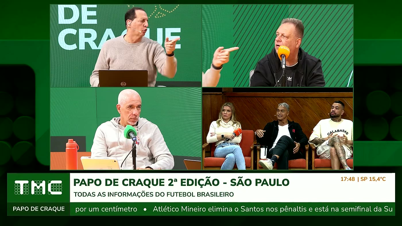 Bancada do Papo de Craque com Benja, outro comentarista e o trio Marília Ruiz, apresentador e convidado analisando o Corinthians