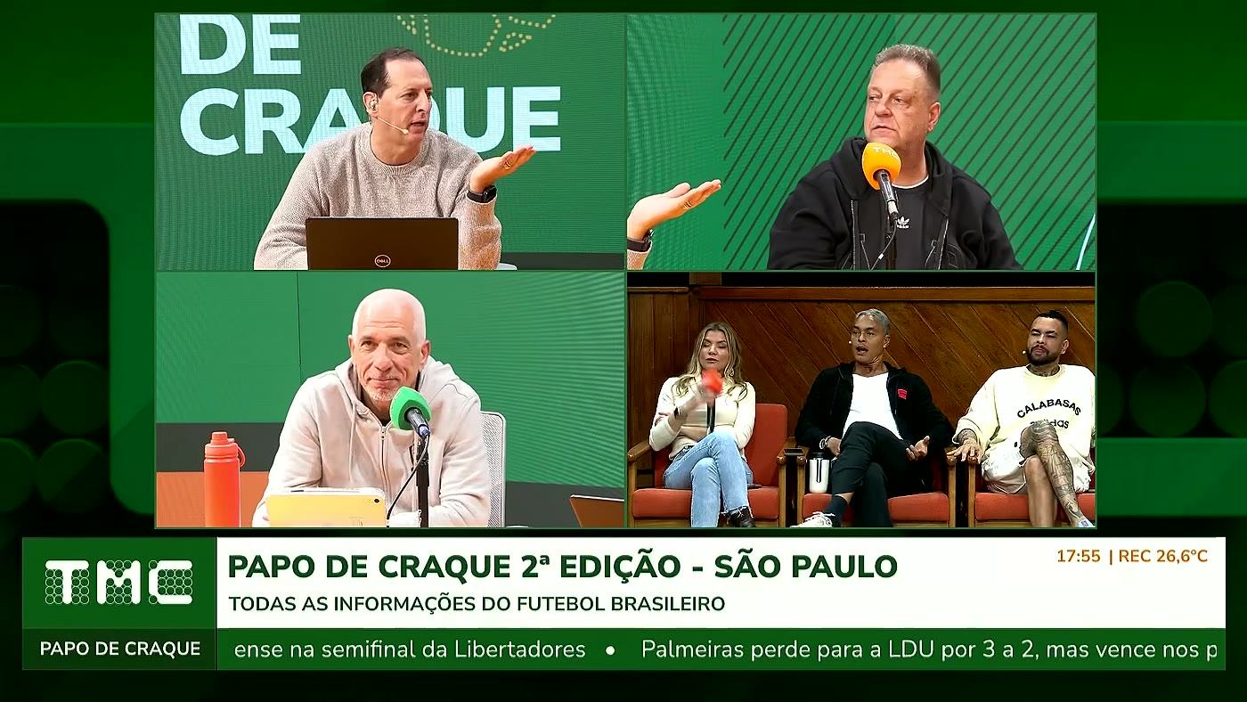 Painel dividido do Papo de Craque com os comentaristas discutindo a eliminação do Corinthians na Libertadores