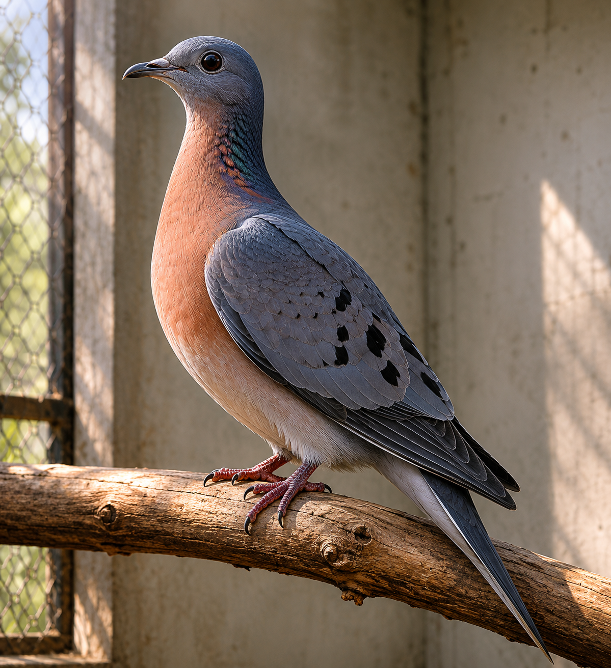 Martha the last passenger pigeon, a blue-grey bird with russet breast, perched alone on a simple wooden branch in a zoo enclosure, Cincinnati Zoo 1914, soft natural light, detailed bird portrait