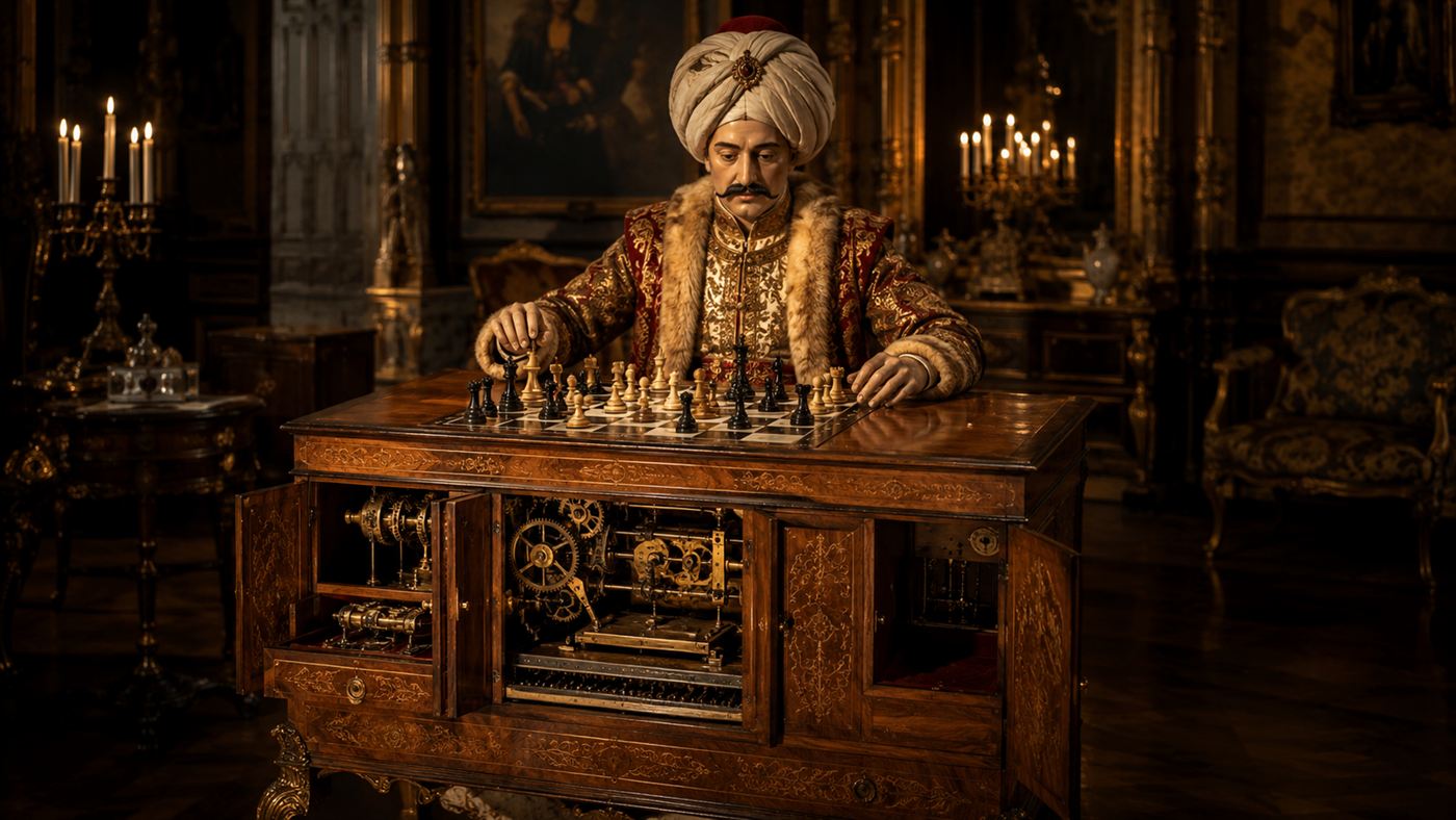 The Mechanical Turk, a turbaned wooden figure seated at a chess cabinet, an 18th-century automaton