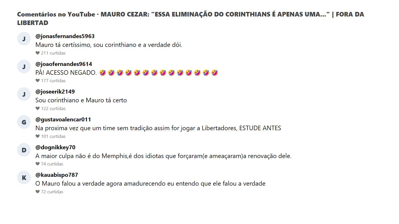 Comentários do público sobre memphis depay corinthians no vídeo de Mauro Cezar
