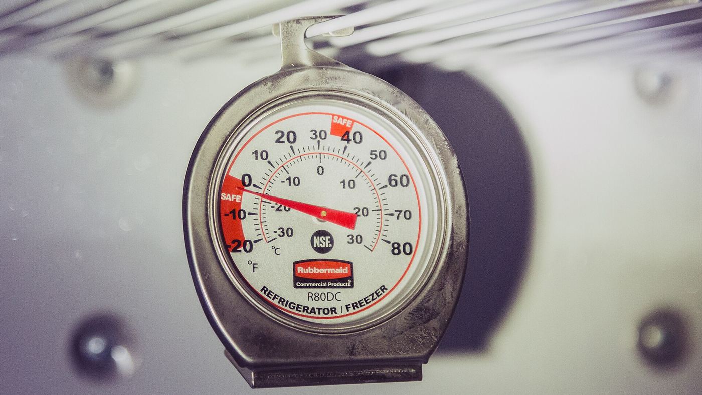Termômetro de congelador Rubbermaid marcando a faixa segura de temperatura em graus Fahrenheit e Celsius