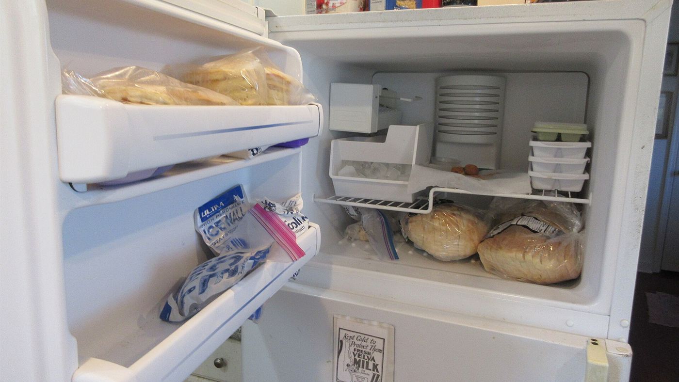 Moeda no congelador antes de viajar: congelador aberto cheio de comida guardada em sacos plásticos