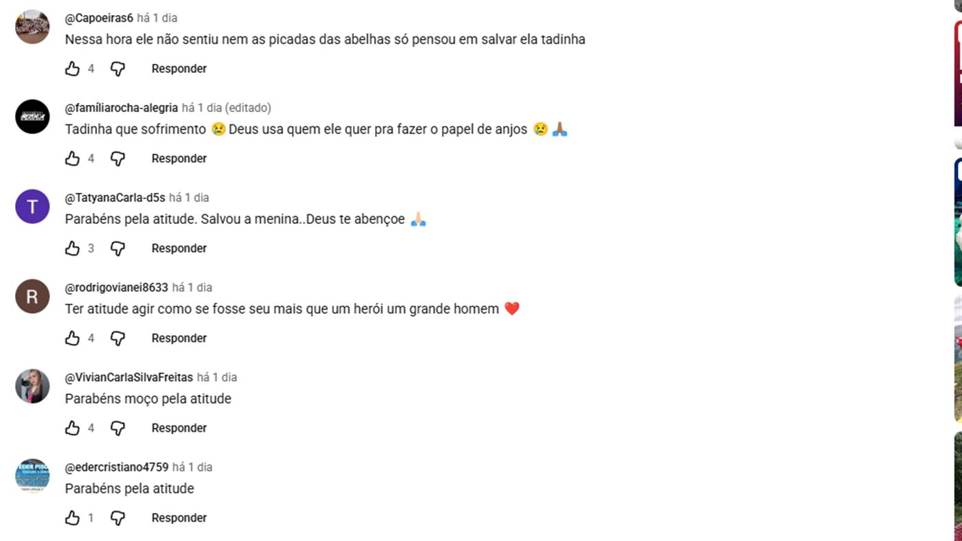 Comentários do público no vídeo do motoboy que salvou a menina das abelhas