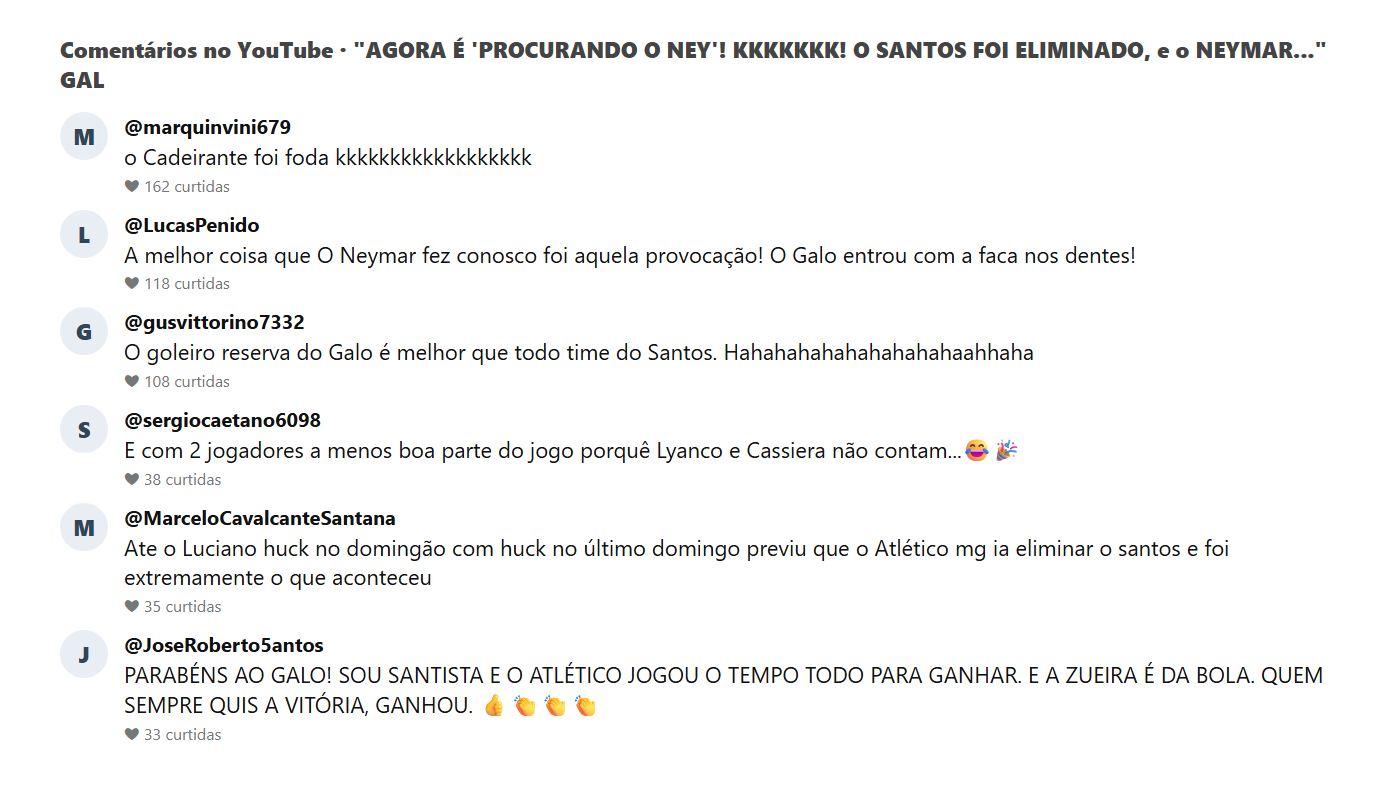 Comentários do público reagindo ao vídeo sobre a eliminação do Santos e a piada Procurando Ney