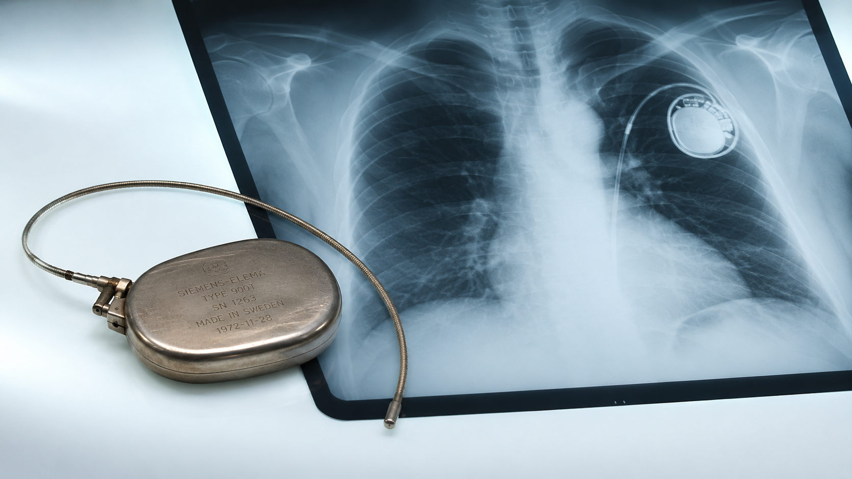A 1970s nuclear pacemaker device beside a chest X-ray showing an implanted pacemaker