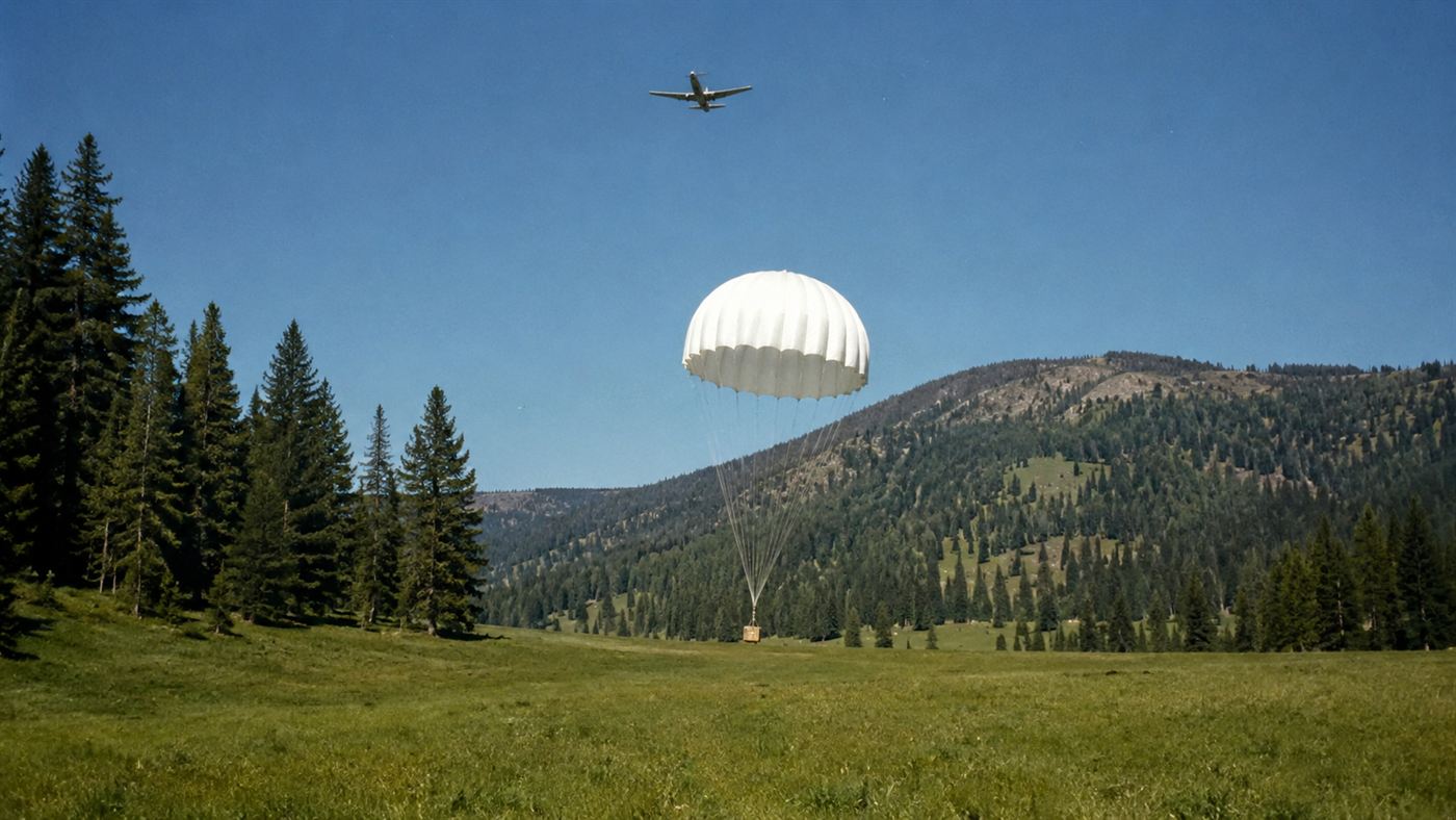 One of Idaho's parachuting beavers descending in a wooden crate under a parachute over a mountain meadow in 1948