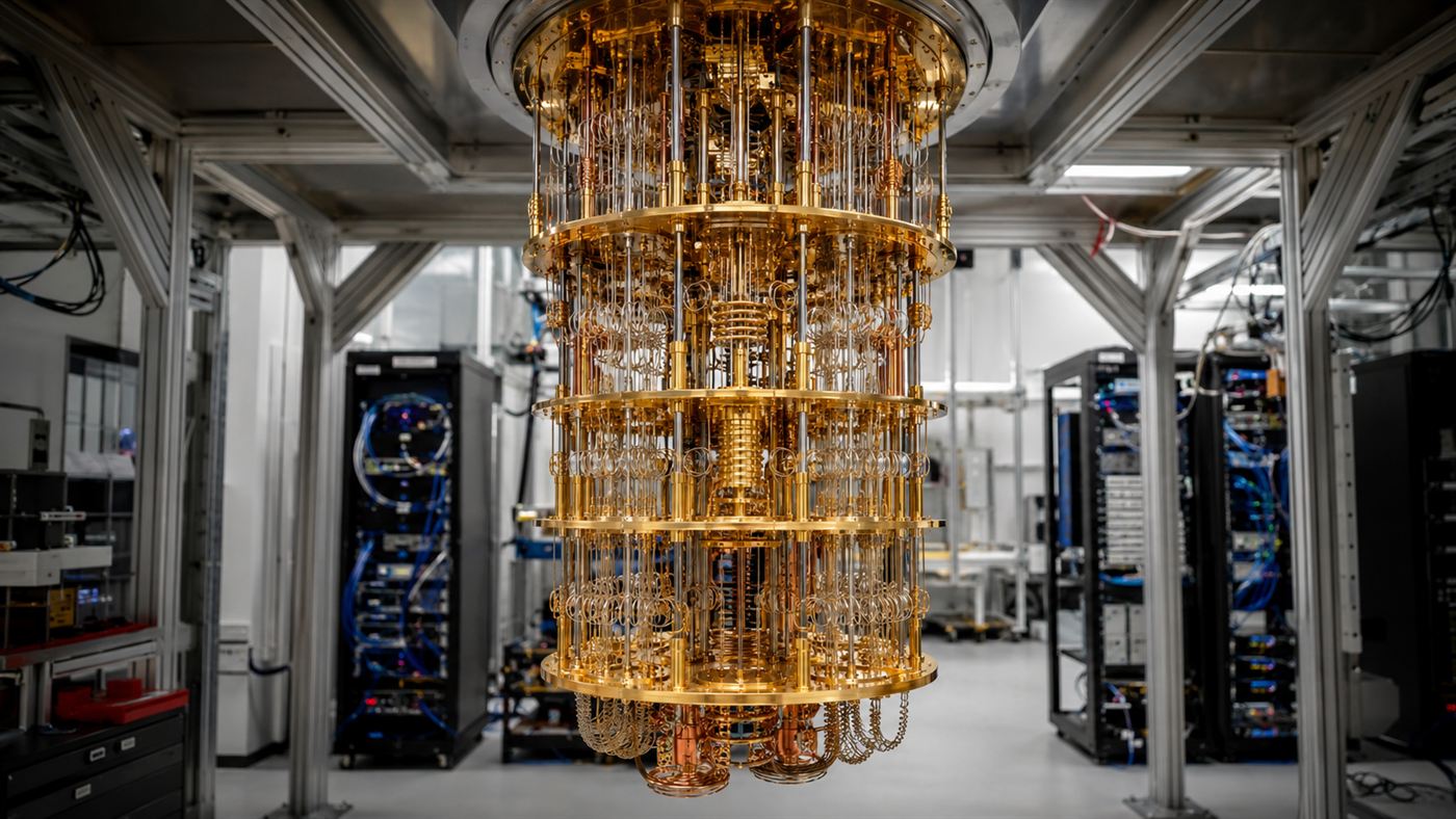 The golden chandelier-like cooling apparatus of a quantum computer used for quantum computing, hanging in a lab