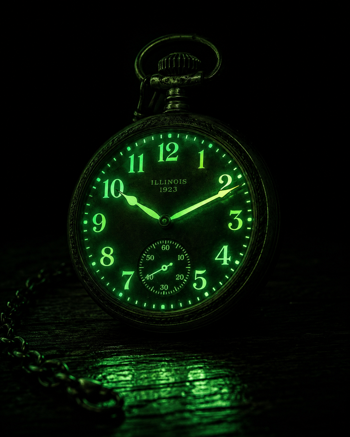A 1920s radium watch dial glowing green in complete darkness, luminous numbers and hands emitting a ghostly glow from radium paint, antique pocket watch on wooden surface