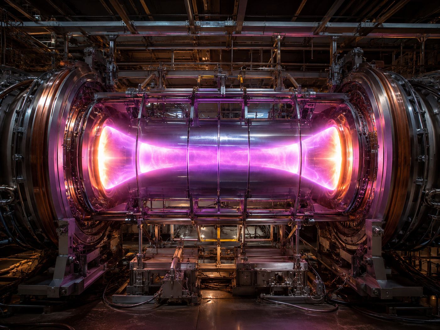 The glowing interior of a magnetic mirror fusion device of the kind Realta Fusion uses, a bright hot plasma held inside a metal chamber
