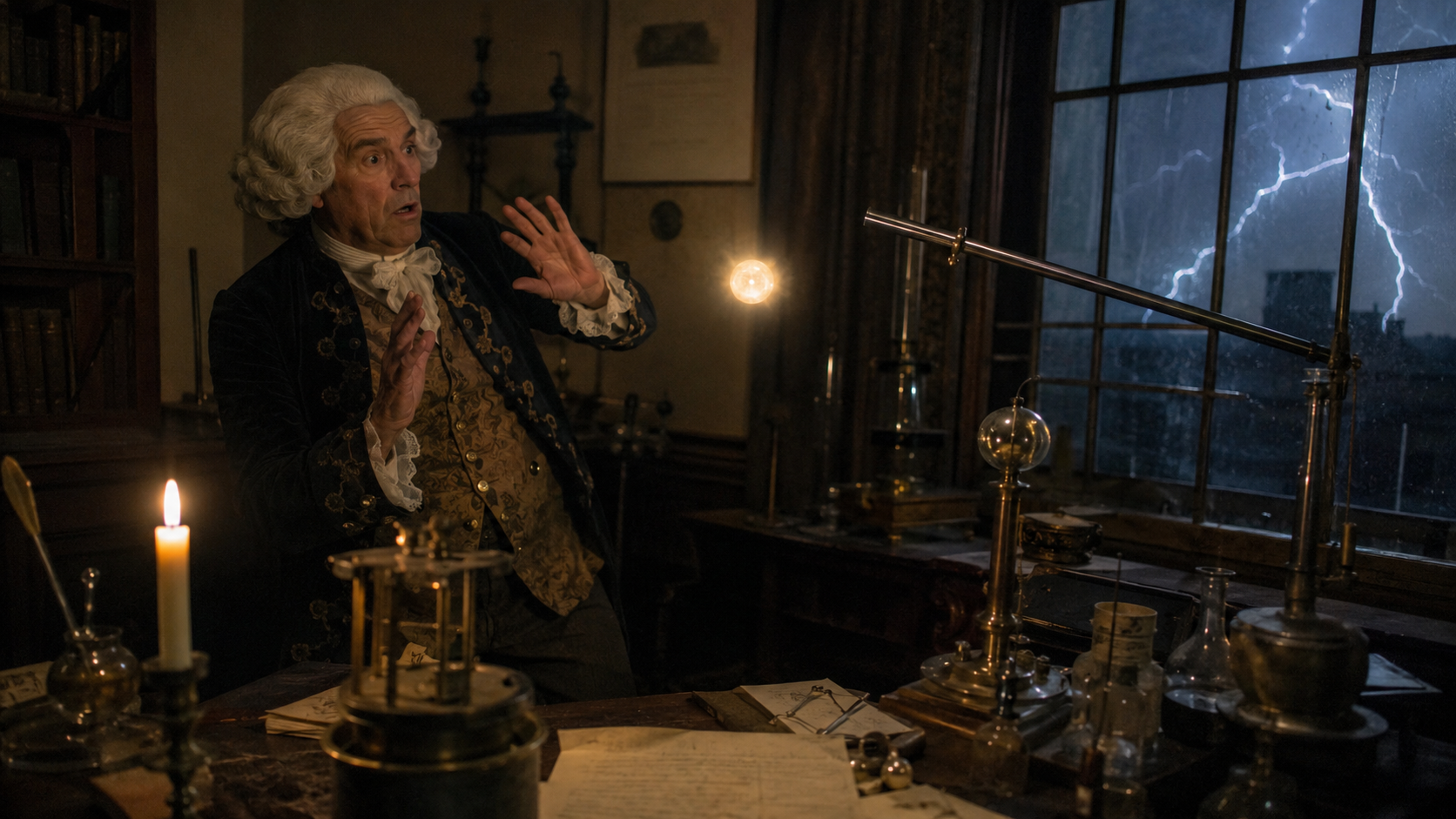 An 18th-century scientist recoiling from a glowing ball, evoking ball lightning and the death of Georg Richmann