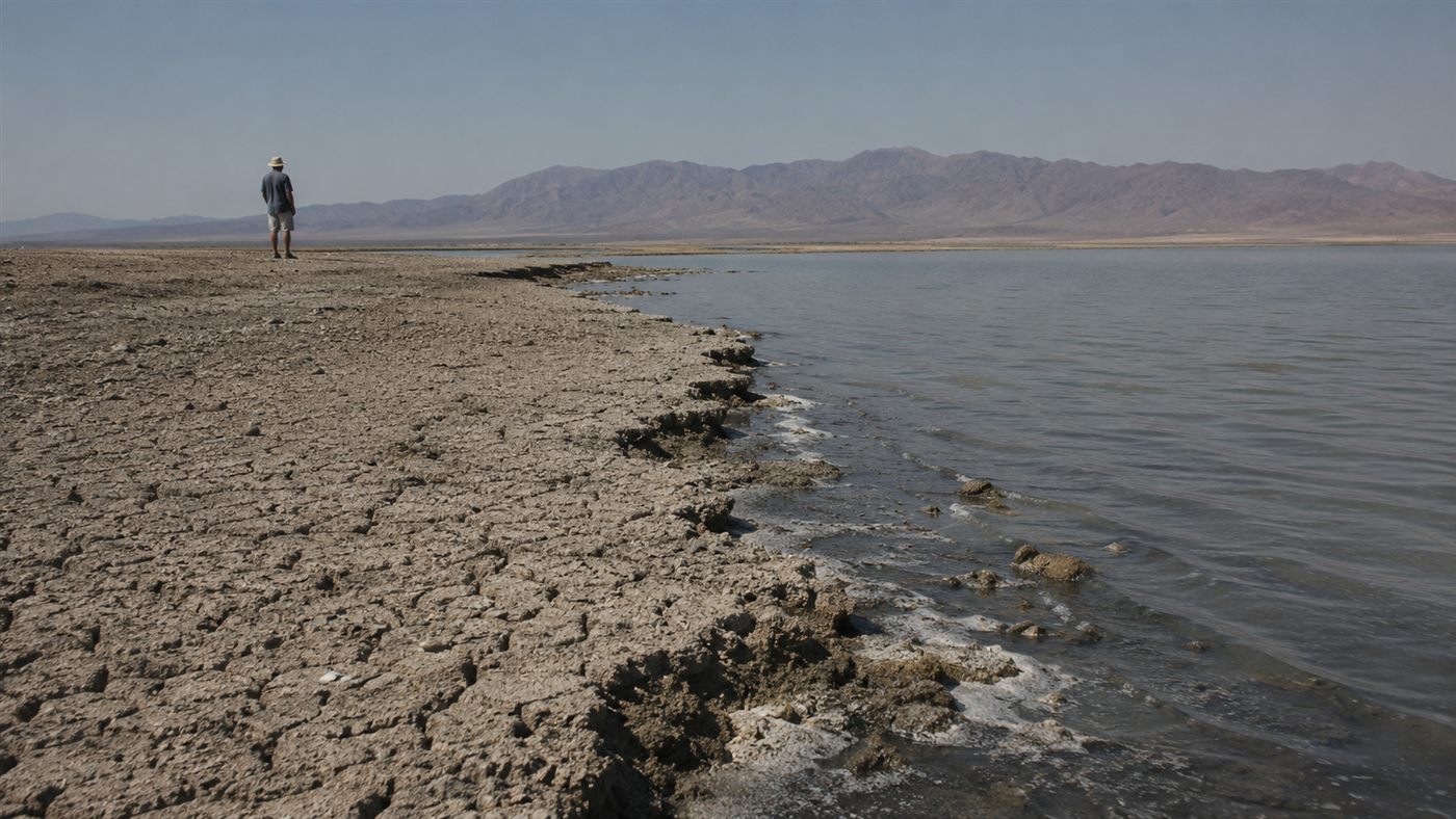 A person stands at the salt-encrusted edge of the shrinking Salton Sea, looking out at the water, with white exposed lakebed stretching in every direction and brown mountains rising in the distance