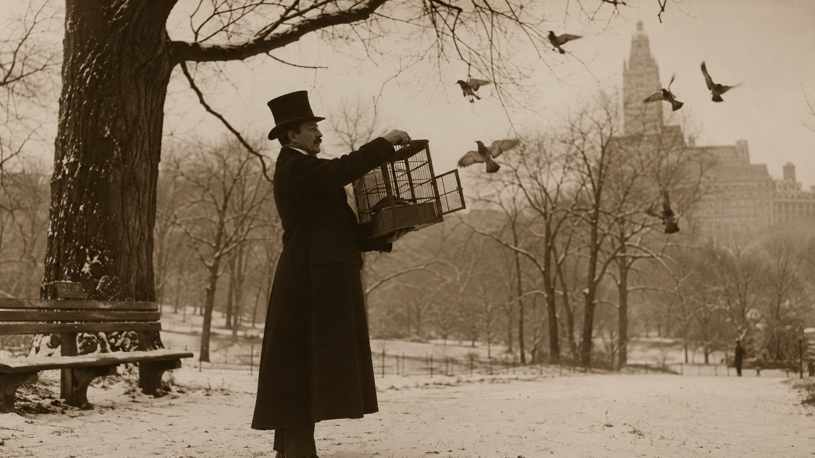 A Victorian gentleman releasing European starlings from a cage in Central Park in 1890