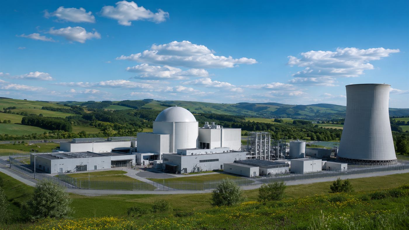A compact clean power plant of the kind small modular reactors are designed to become, with modern industrial buildings under a blue sky