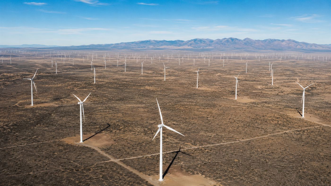Rows of white wind turbines of the SunZia wind farm spread across a wide New Mexico desert under a blue sky