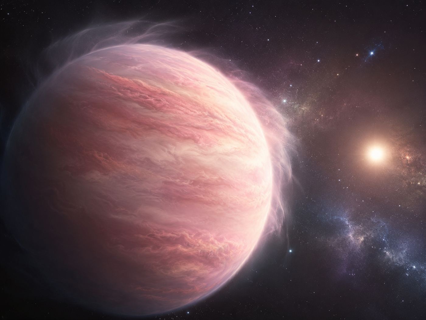 Artist's impression of one of the super-puff planets, a pale pastel gas giant with a soft fluffy cotton-candy appearance glowing near its star