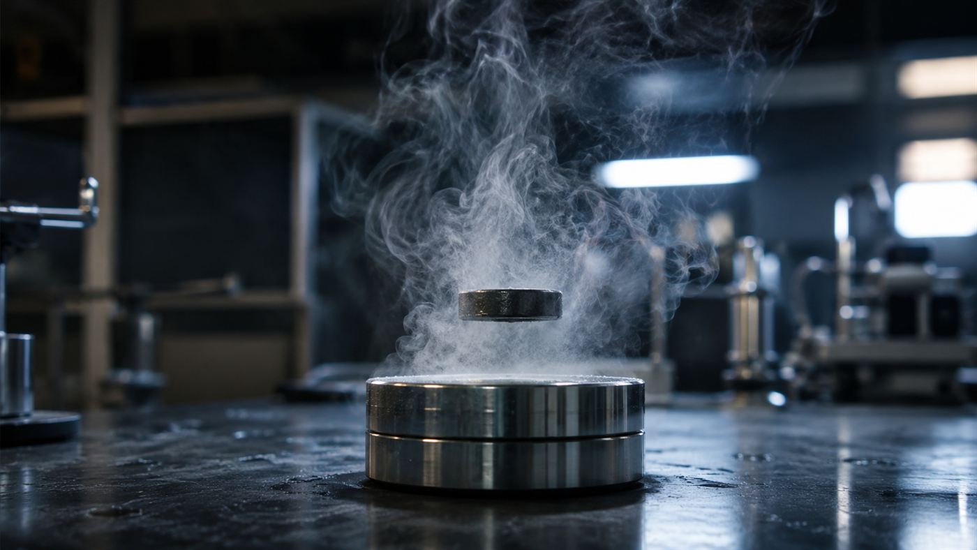 A small superconductor disc levitating above a magnet in a cloud of cold vapour in a physics lab