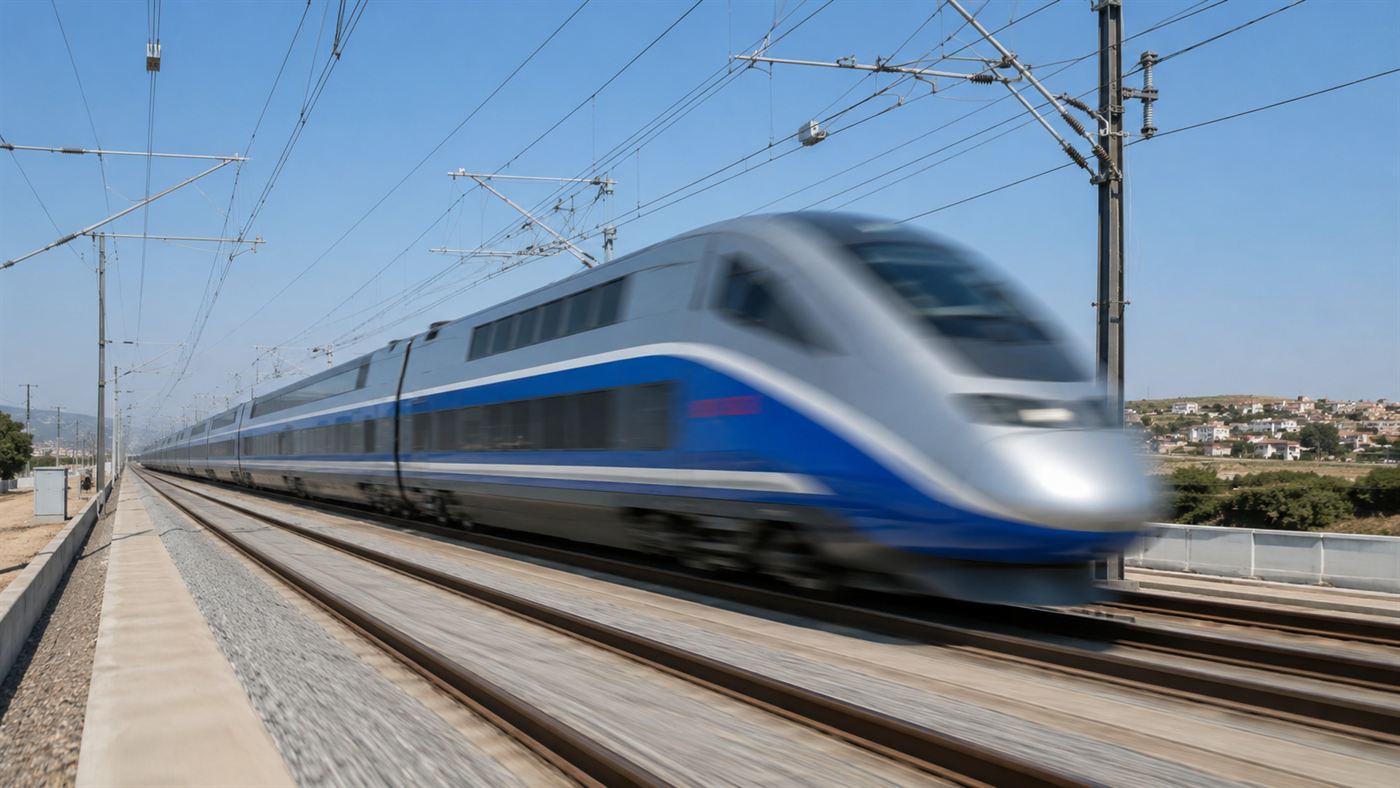 A sleek silver TGV train blurring past at extreme speed on an open high-speed line during a record run