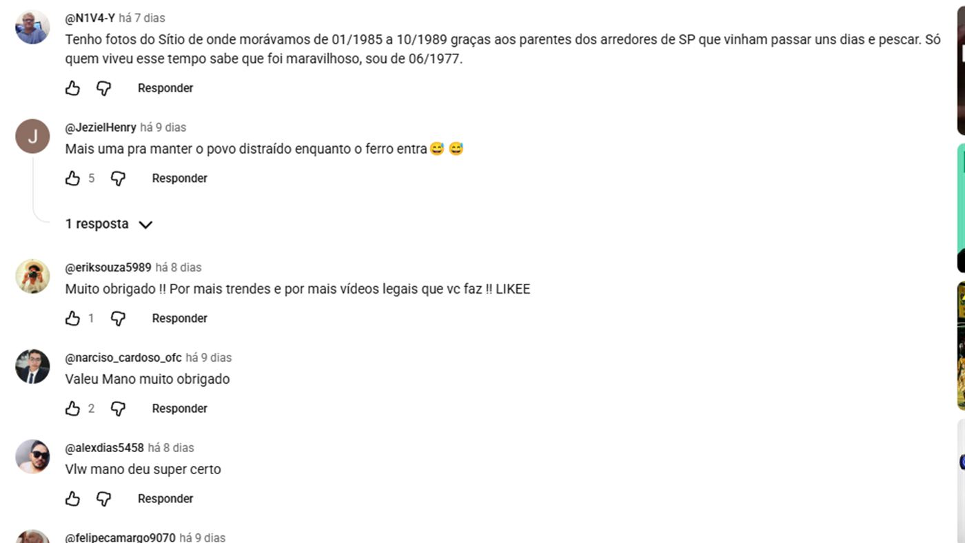 Comentários do público sobre o vídeo da trend anos 80 ia no YouTube