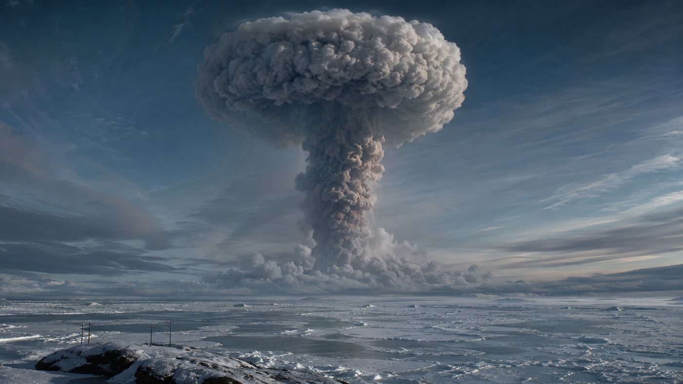 An enormous nuclear mushroom cloud from the Tsar Bomba rising high over the Arctic, dwarfing the clouds around it