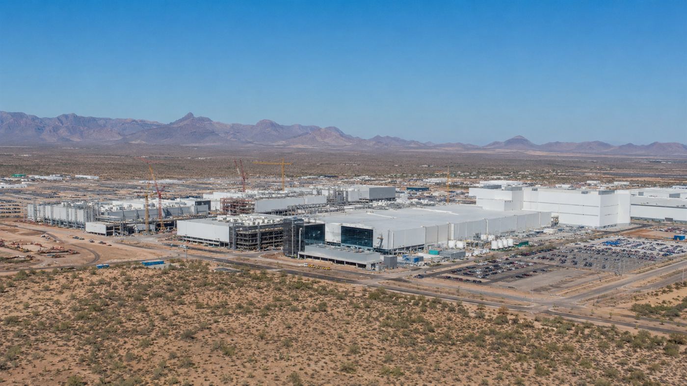 A vast modern semiconductor factory complex, the TSMC Arizona chip fab, spread across the desert near Phoenix under a blue sky