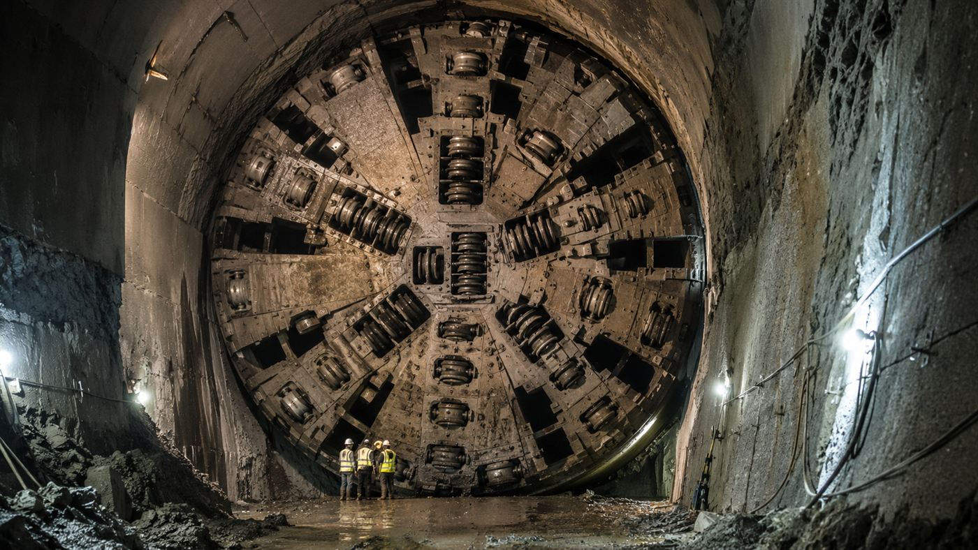 The huge circular cutterhead of a tunnel boring machine underground, studded with cutting discs, lit by work lights