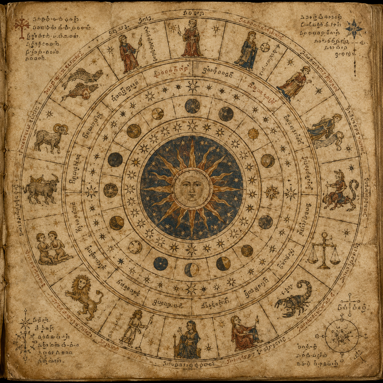 A circular astronomical or zodiac diagram from the Voynich manuscript surrounded by unknown writing