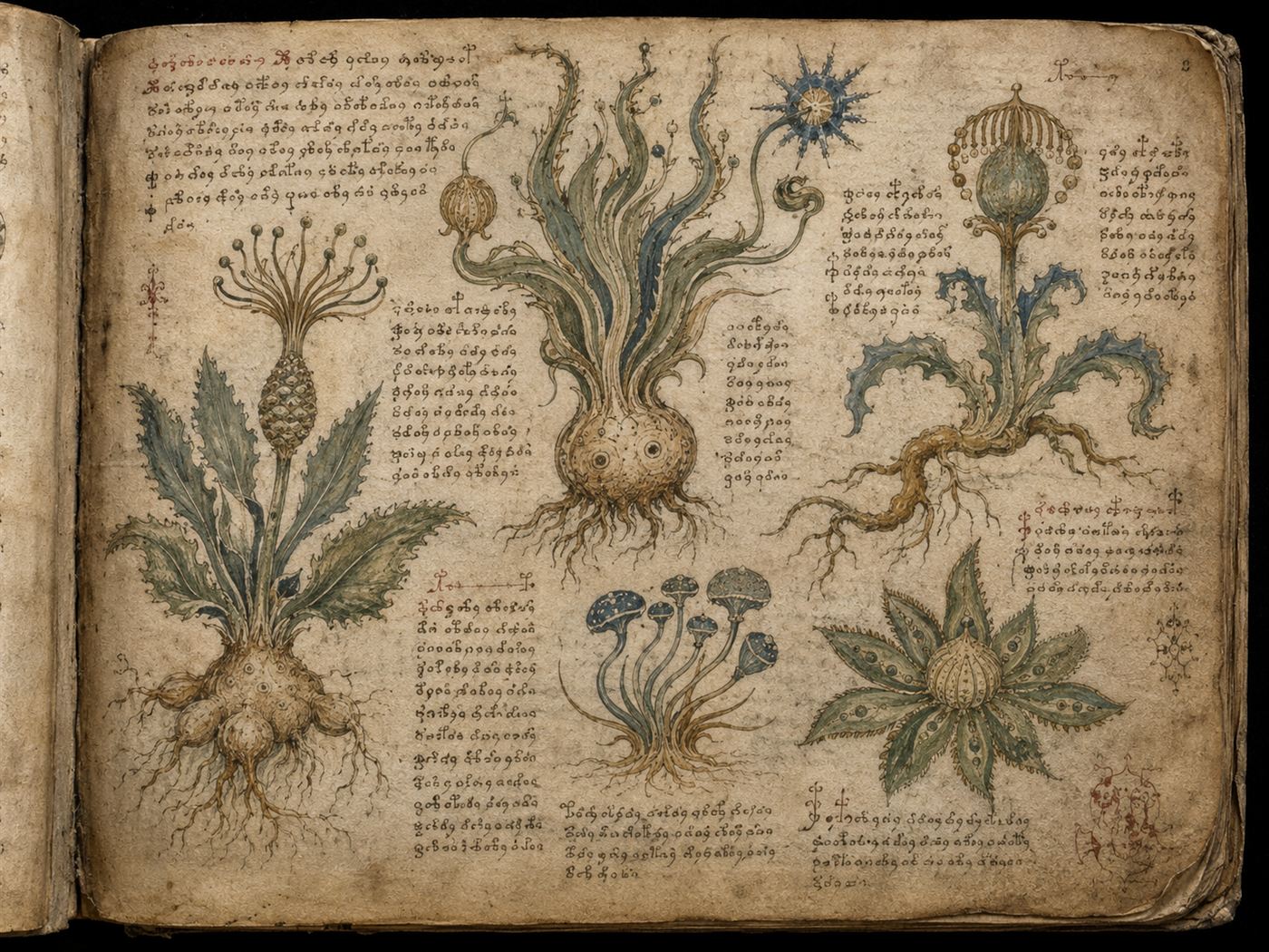Fantastical unidentified plants drawn in faded colour on a page of the Voynich manuscript