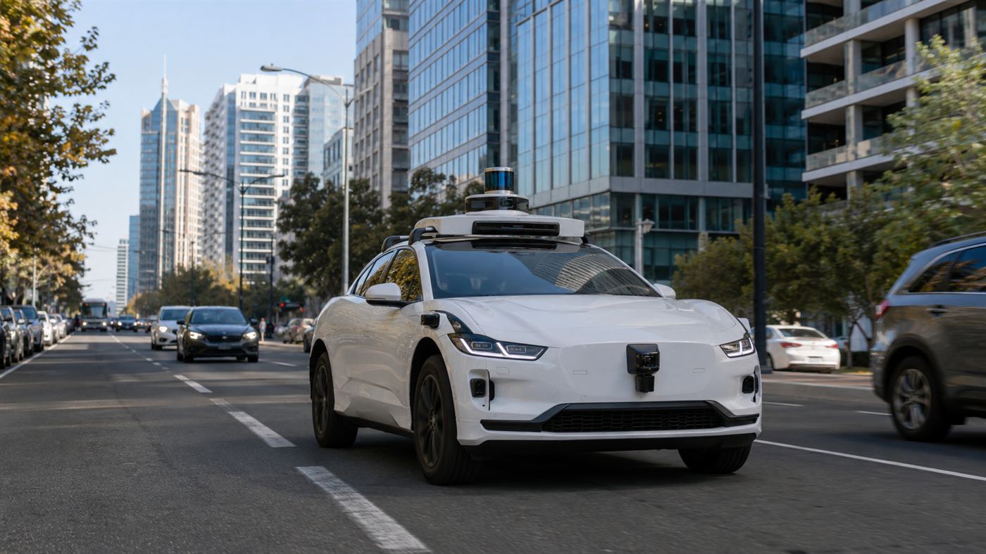 A white Waymo robotaxi with roof sensors driving on a busy city street with no driver in the front seat