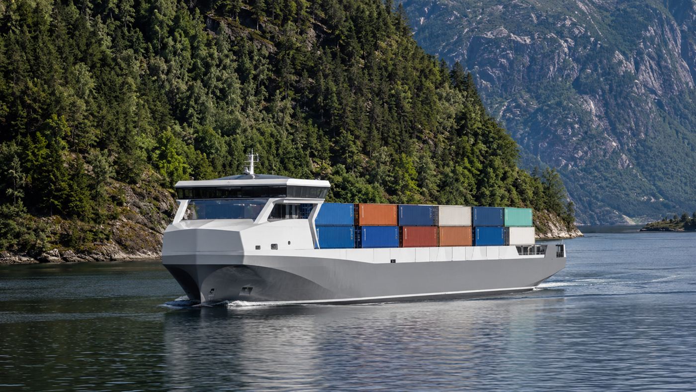 The Yara Birkeland electric container ship sailing on a calm Norwegian fjord with no funnel or smoke