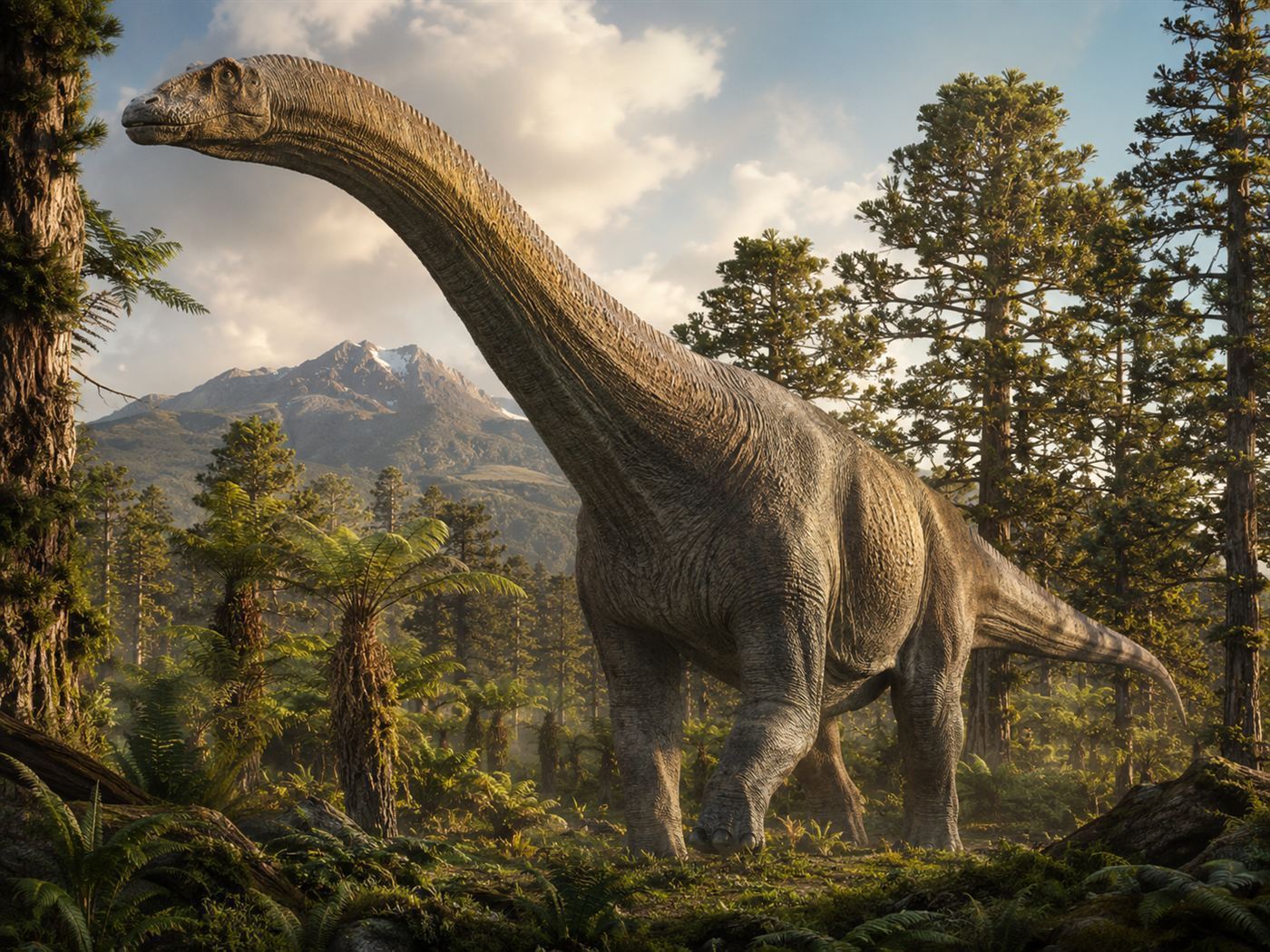 Illustration of an Antarctic dinosaur, a large long-necked titanosaur walking through a green Late Cretaceous forest with distant mountains
