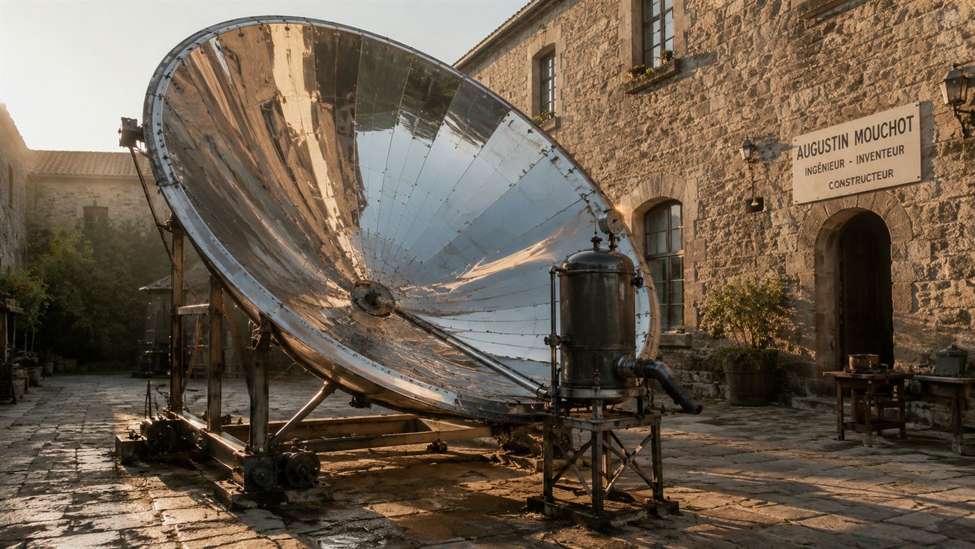 Augustin Mouchot's large polished cone-shaped solar concentrator aimed at the sun with a small boiler at its centre in a 19th-century courtyard