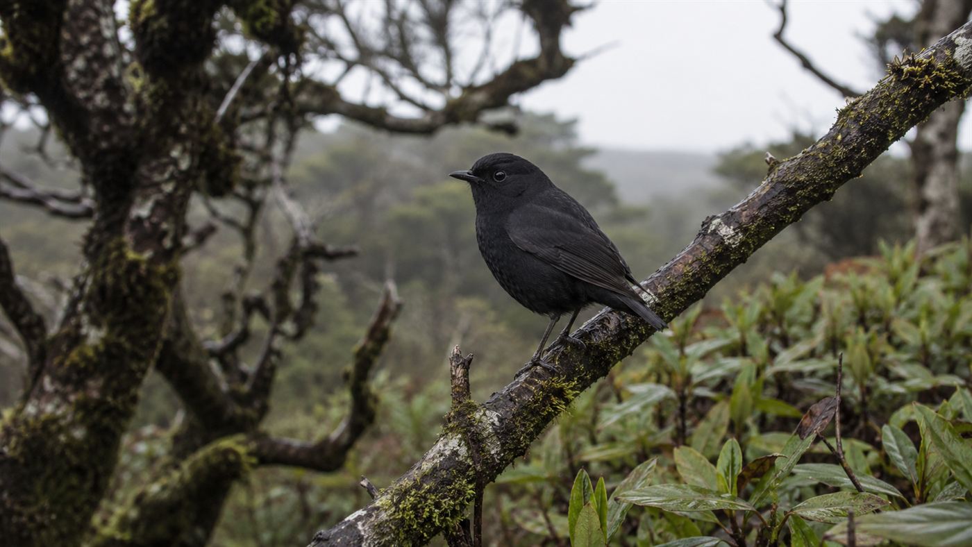 A small black robin perched on a mossy branch on a windswept Chatham Island, looking alert