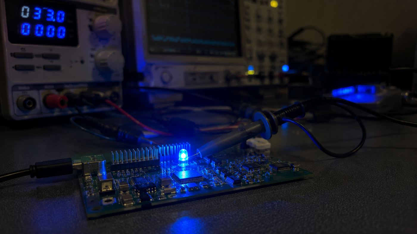 A single bright blue LED glowing on a circuit board in a dim laboratory, the blue LED light reflecting off nearby equipment