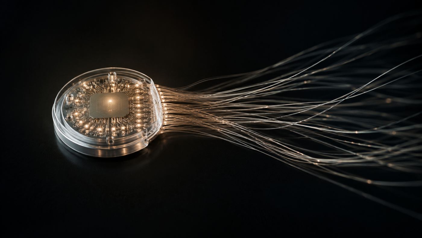 A close-up illustration of a coin-sized brain-computer interface implant with fine thread electrodes beside a human head outline