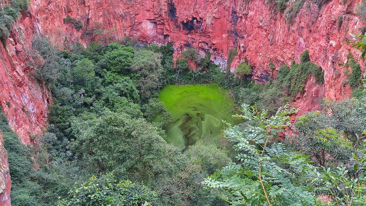 Interior do Buraco das Araras, com paredões avermelhados e vegetação em Jardim, MS
