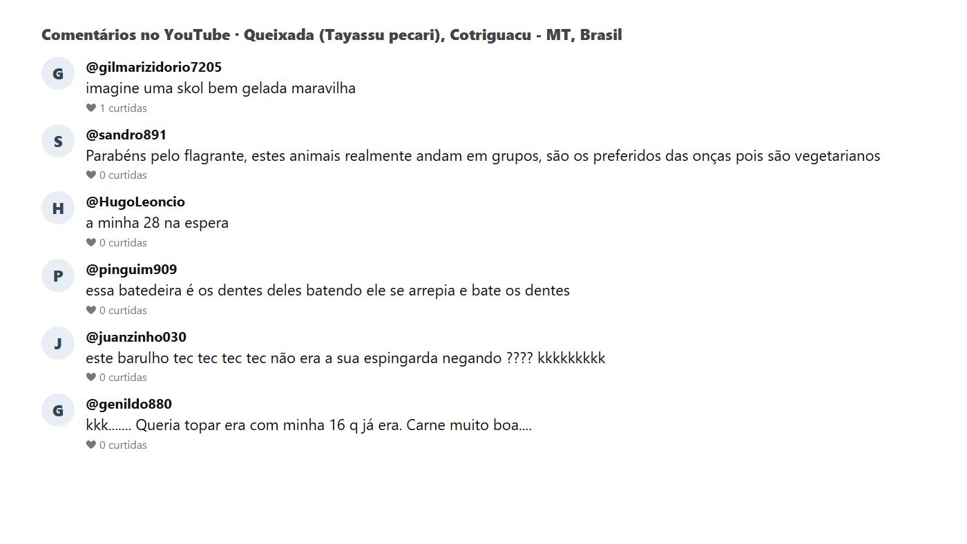 Comentários do público no vídeo de cateto ou queixada no YouTube