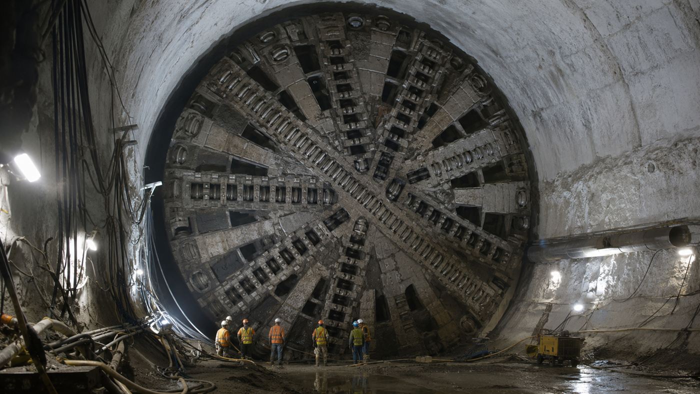 A giant Channel Tunnel boring machine cutterhead in a chalk tunnel with workers beside it for scale