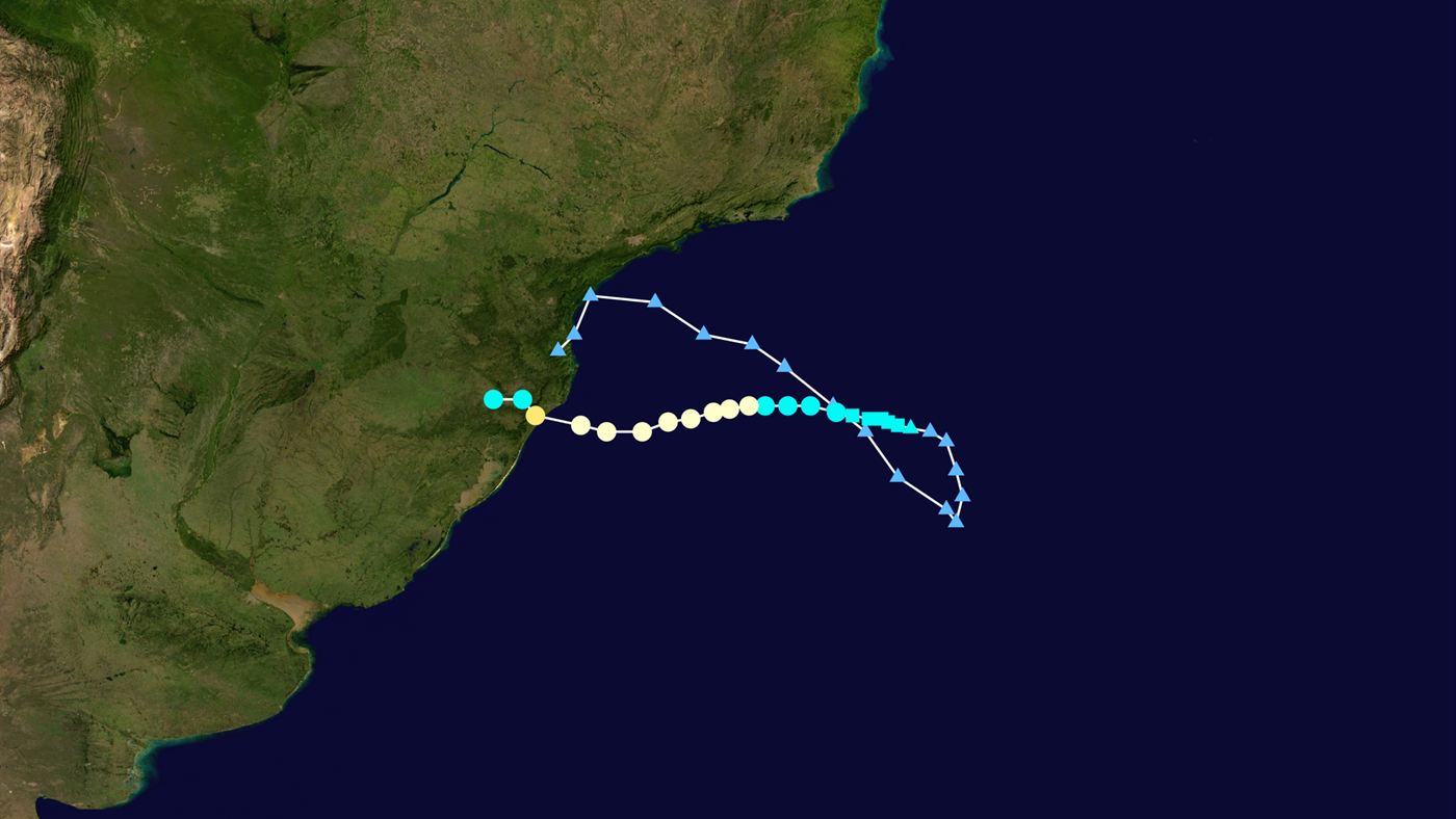 Mapa do trajeto do ciclone Catarina entre 19 e 28 de março de 2004, da formação no Atlântico até o litoral de Santa Catarina
