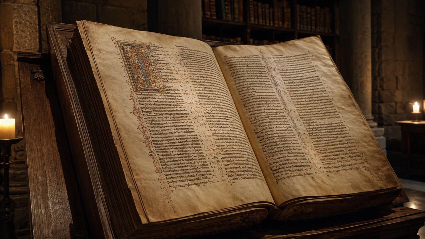 The enormous open Codex Gigas medieval manuscript on a stand, its huge vellum pages lit by candlelight