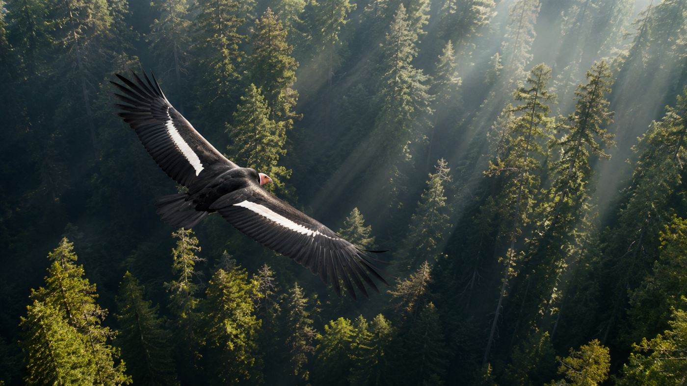 A California condor with its huge dark wingspan soaring above ancient redwood forest canopy in Northern California, sunlight breaking through the trees below