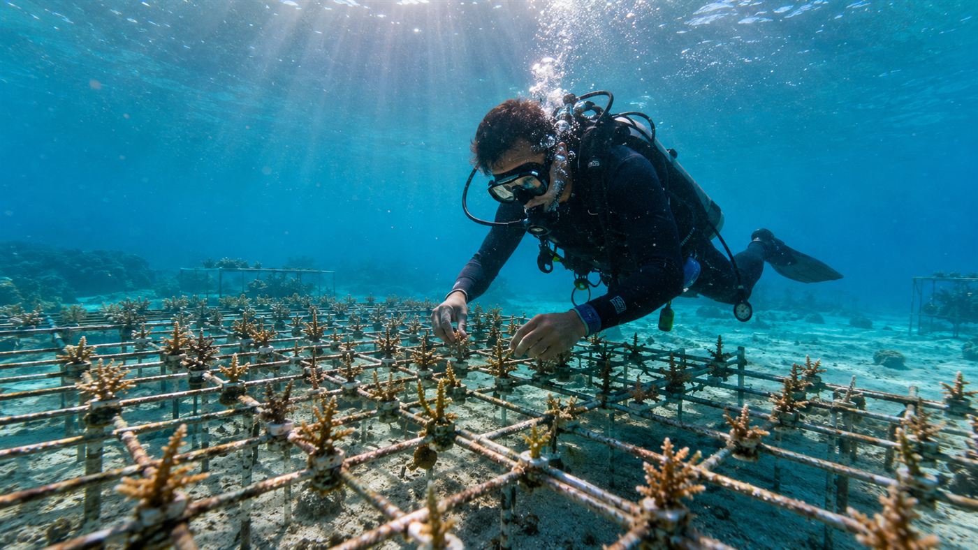 A diver tending rows of young corals growing on a coral restoration nursery frame in clear blue water