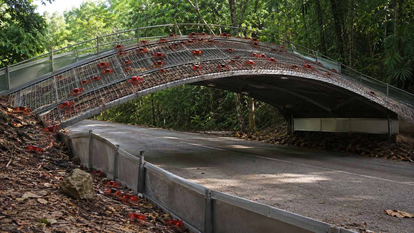 A purpose-built arched metal crab bridge spanning a road on Christmas Island with small red crabs crossing it