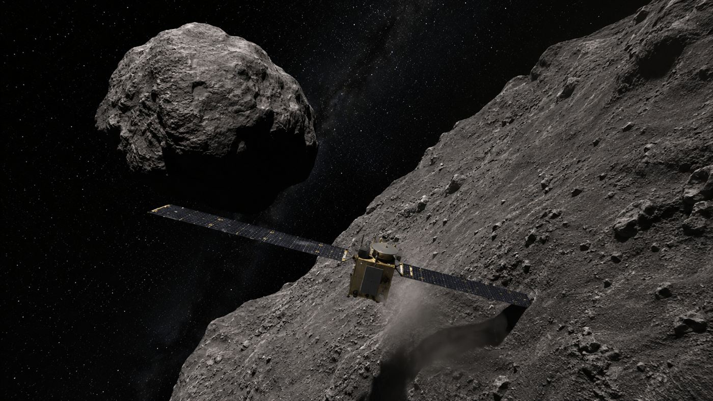 The DART spacecraft approaching the asteroid Dimorphos moments before impact, the first DART asteroid deflection test
