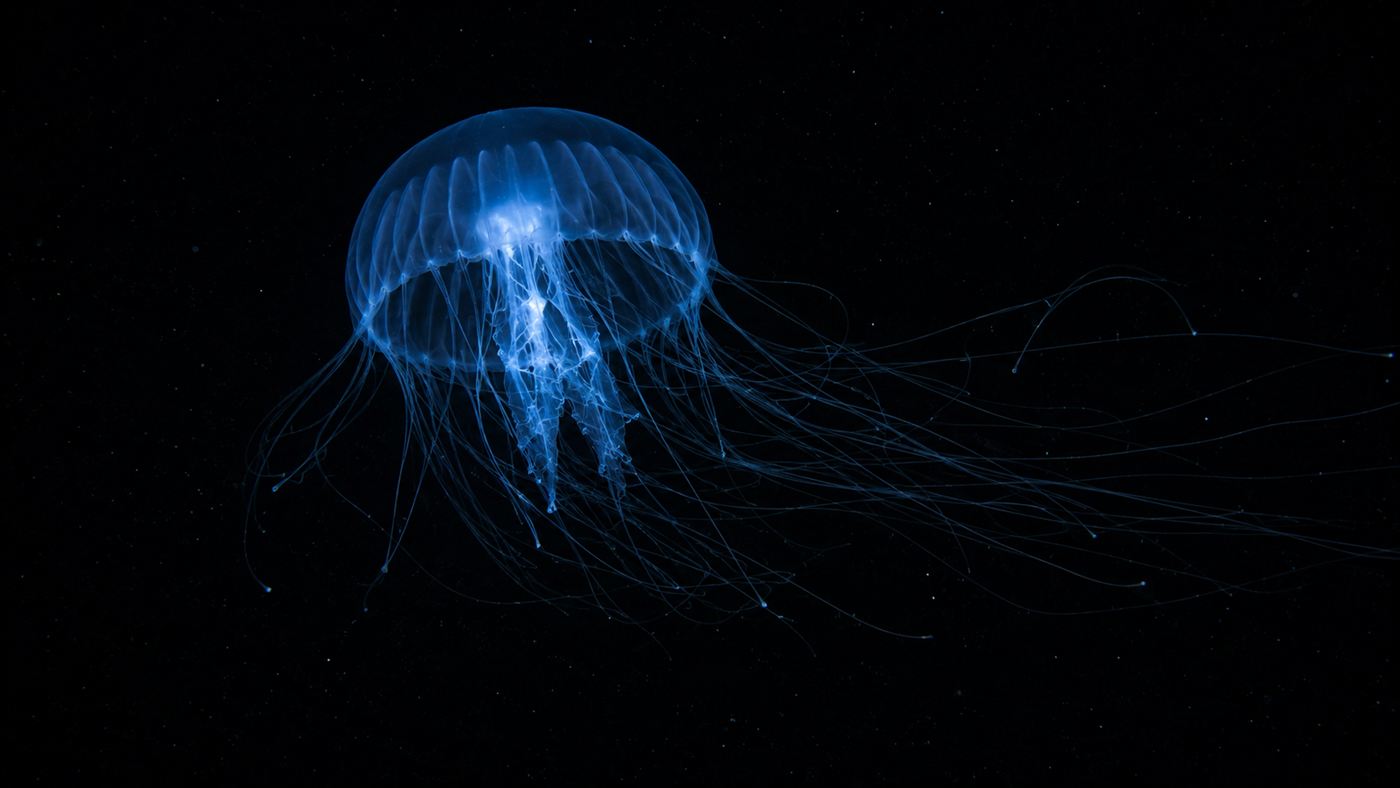 A delicate glowing deep-sea jellyfish drifting in black water, one of the new deep-sea species found in the midwater off Brazil